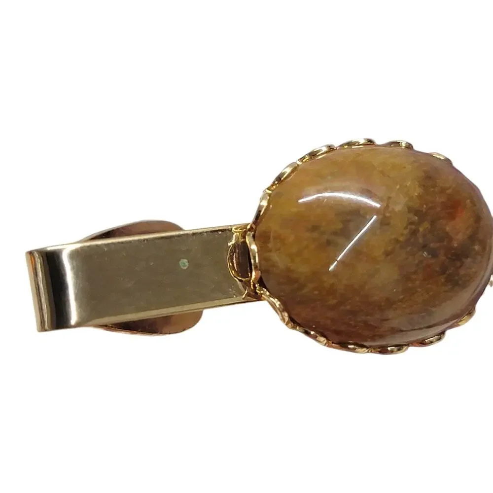 Vintage Gold Tone Brown Jasper Agate Stone Oval Cabochon Tie Clip Clasp Bar
